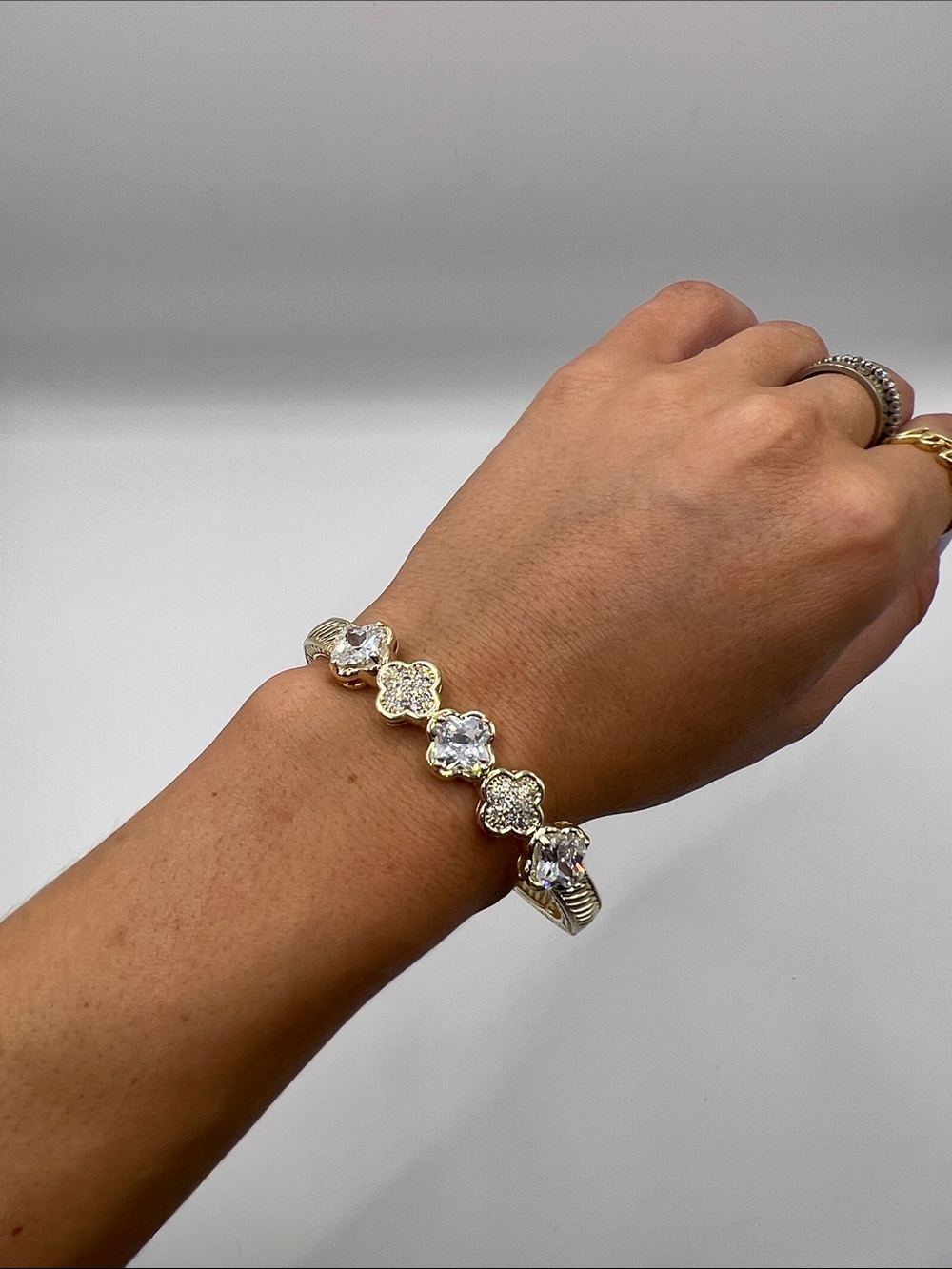 686. 18k Gold Plated Triple A CZ Flower Link Bracelet 6 3/4”